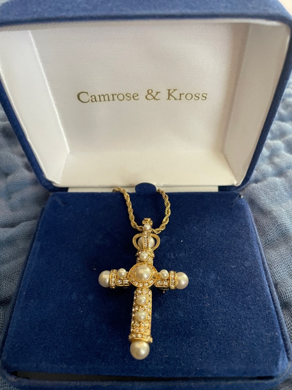 Camrose & Kross Gold-Tone Pearl Cross Necklace NIB